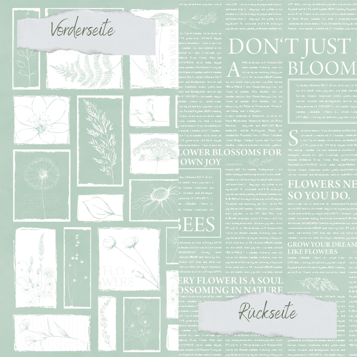 Papier Design - Basic - Vintage Mint - Newspaper + Wildflowers - Doppelseitig bedruckt